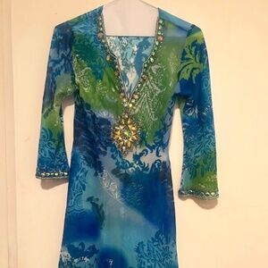 Arden B V neck bejeweled long sleeve dress/tunic/beach cover up